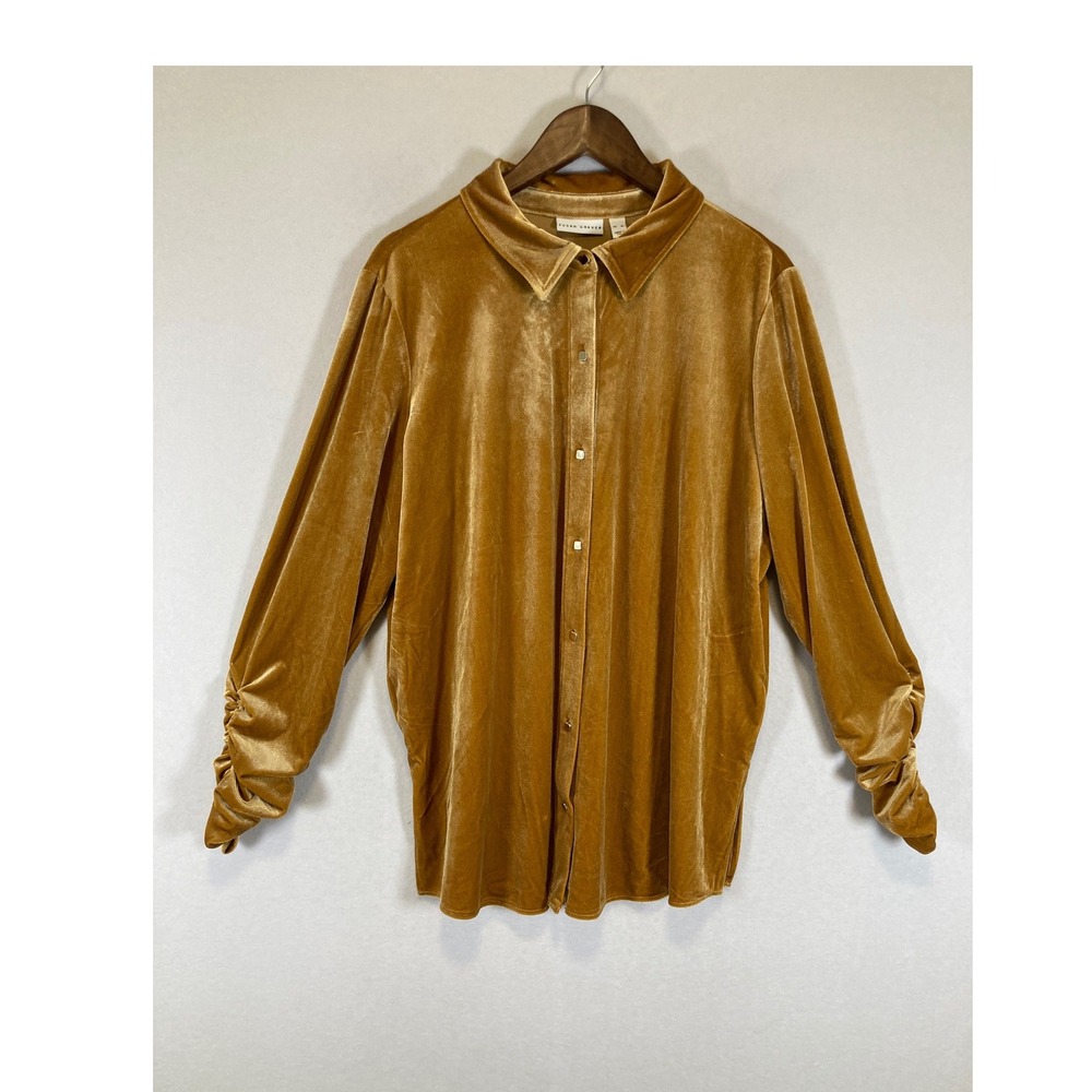 Luxe Velvet Susan Graver Women XL Gold Ruched Sleeve Button Down Blouse Top